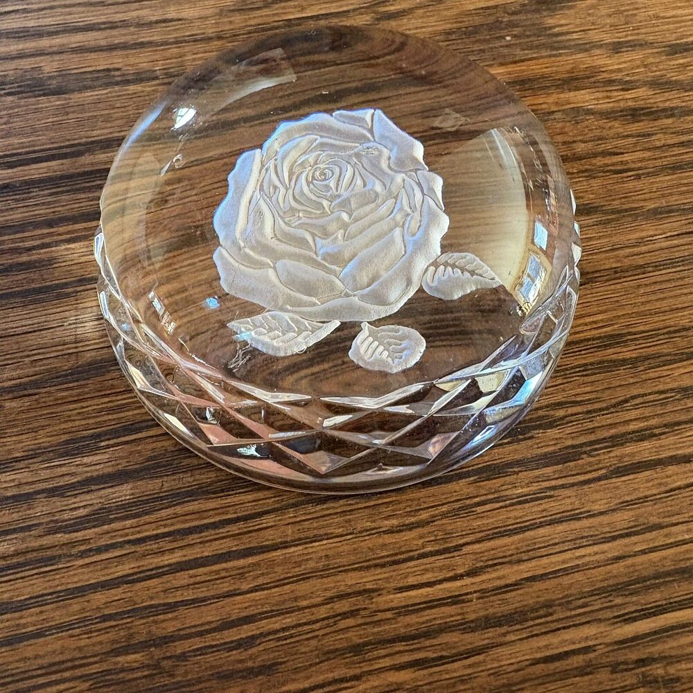 Waterford Crystal Etched Intaglio Rose Paperweight
